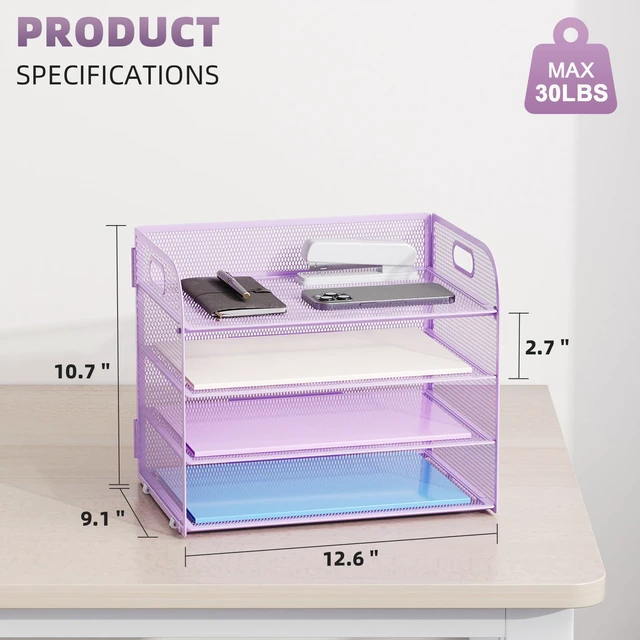 Alt view image 3 of 7 - 2 Pack 4 Tier Paper Organizer Letter Tray - Mesh Desk File Organizer with Handle, Paper Sorter Organizer for Letter/A4 Office File Folder Holder (Purple, 12.6" x 9.1" x 10.7")