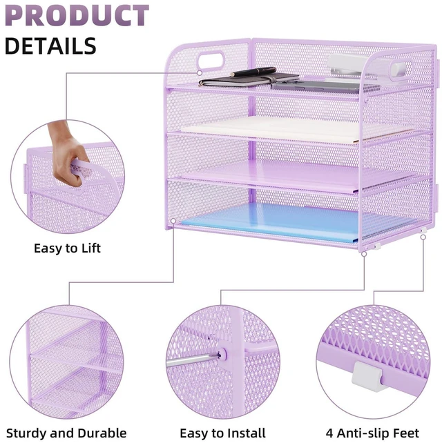 Alt view image 4 of 7 - 2 Pack 4 Tier Paper Organizer Letter Tray - Mesh Desk File Organizer with Handle, Paper Sorter Organizer for Letter/A4 Office File Folder Holder (Purple, 12.6" x 9.1" x 10.7")