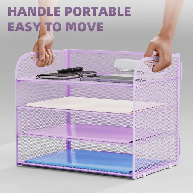 Alt view image 5 of 7 - 2 Pack 4 Tier Paper Organizer Letter Tray - Mesh Desk File Organizer with Handle, Paper Sorter Organizer for Letter/A4 Office File Folder Holder (Purple, 12.6" x 9.1" x 10.7")