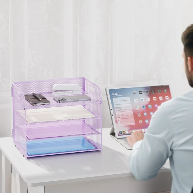 Alt view image 6 of 7 - 2 Pack 4 Tier Paper Organizer Letter Tray - Mesh Desk File Organizer with Handle, Paper Sorter Organizer for Letter/A4 Office File Folder Holder (Purple, 12.6" x 9.1" x 10.7")