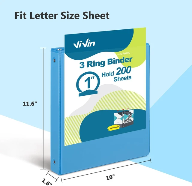 Alt view image 2 of 7 - 1 Inch Round Ring View Binder for Durability, 6-Pack (Light Blue) Standard 3 Ring Binder for 200 Sheets of US Letter Size Paper, PVC-Free, Clear View Cover, Office Home School Use