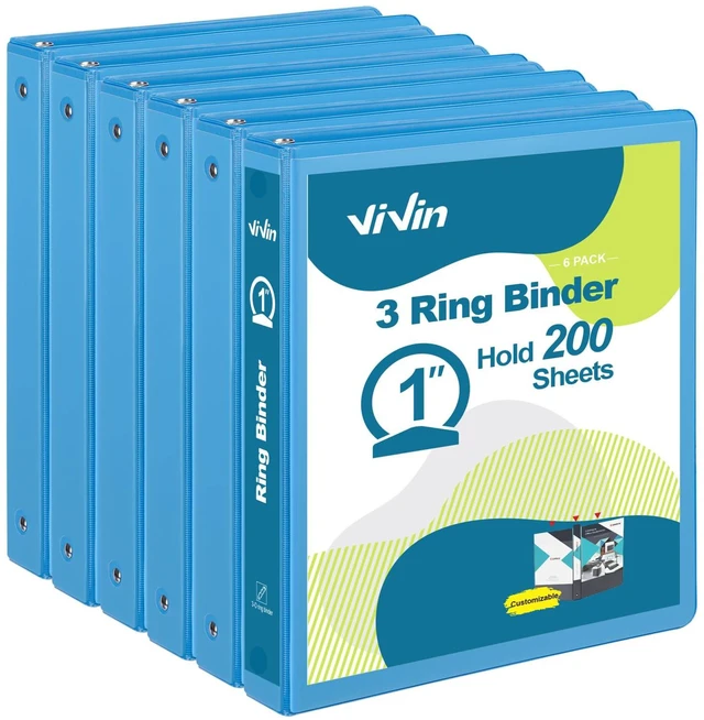 Main image of 1 Inch Round Ring View Binder for Durability, 6-Pack (Light Blue) Standard 3 Ring Binder for 200 Sheets of US Letter Size Paper, PVC-Free, Clear View Cover, Office Home School Use