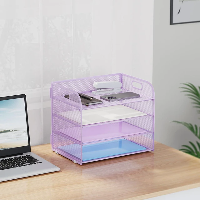 Alt view image 7 of 7 - 2 Pack 4 Tier Paper Organizer Letter Tray - Mesh Desk File Organizer with Handle, Paper Sorter Organizer for Letter/A4 Office File Folder Holder (Purple, 12.6" x 9.1" x 10.7")
