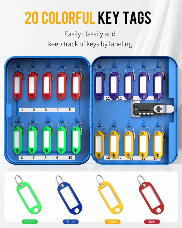 Alt view image 5 of 7 - 20 Position Key Cabinet with Combination Lock Resettable Blue Digital Security Storage Box Steel Key Organizer with Colorful Key Tag Labels Stickers and Hooks