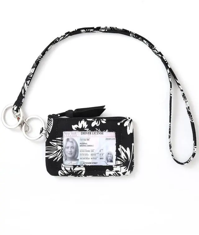 Main image of Lanyard Wallet for Women, ID Card Holder, Lanyards for ID Badges, Floral Zip ID Case Keychain Small Coin Purse Cards, Cash, Work, Travel, Cruise, Teachers, Students, Kids, Black White