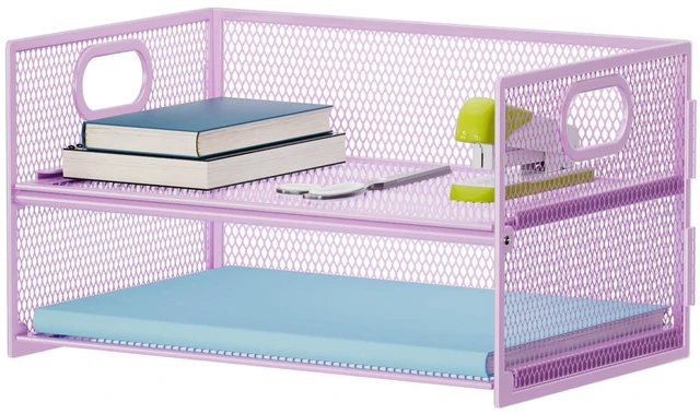 Main image of 2 Tier Paper Organizer Letter Tray, Mesh File Organizer with Handle, Paper Sorter Desk Organizer for Home Office Supplies - Purple