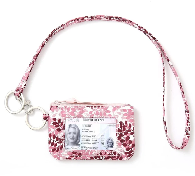 Main image of Lanyard Wallet for Women, ID Card Holder, Lanyards for ID Badges, Floral Zip ID Case Keychain Small Coin Purse Cards, Cash, Work, Travel, Cruise, Teachers, Students, Kids, Pink Leaves
