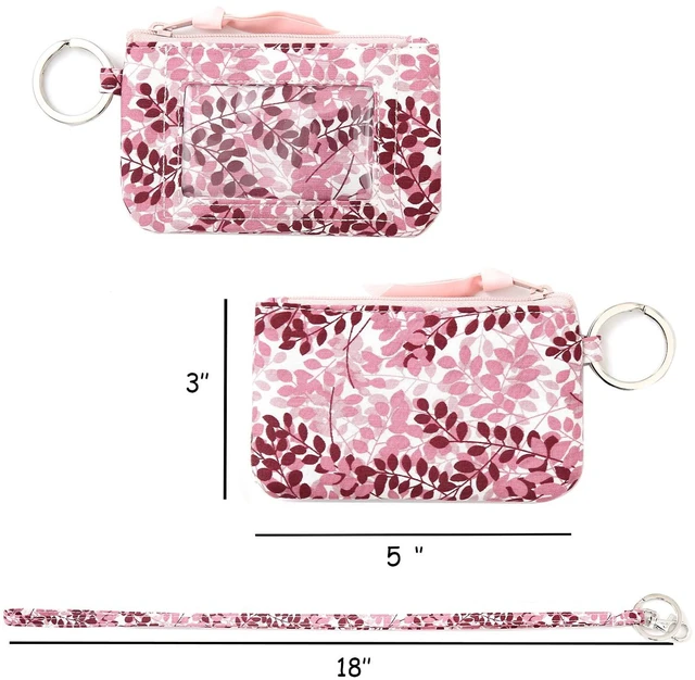 Alt view image 6 of 6 - Lanyard Wallet for Women, ID Card Holder, Lanyards for ID Badges, Floral Zip ID Case Keychain Small Coin Purse Cards, Cash, Work, Travel, Cruise, Teachers, Students, Kids, Pink Leaves