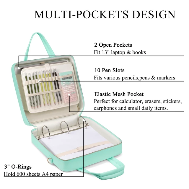 Alt view image 5 of 7 - Zipper Binder | 3 Inch O-Ring, 600 Sheet Capacity Trapper Keeper with Shoulder Strap & Handle, Binder Bag with Multiple Storage Pockets, Fits 13" Laptop (Mint Green)