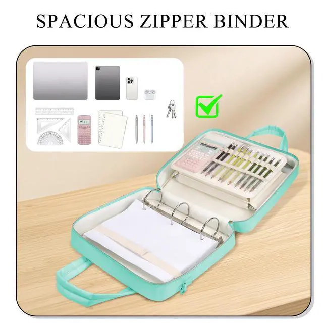 Alt view image 7 of 7 - Zipper Binder | 3 Inch O-Ring, 600 Sheet Capacity Trapper Keeper with Shoulder Strap & Handle, Binder Bag with Multiple Storage Pockets, Fits 13" Laptop (Mint Green)