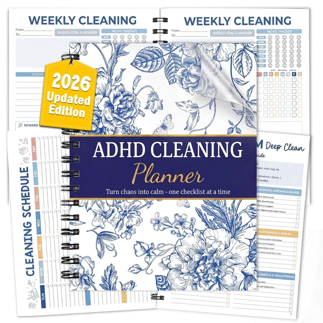 Main image of ADHD Cleaning Planner, Blue Floral Daily Weekly Monthly Checklists Spiral Bound Schedule Organizer for Adults & Teens, Weekly & Monthly Household Tracker for ADHD Minds, Stress-Free Housework