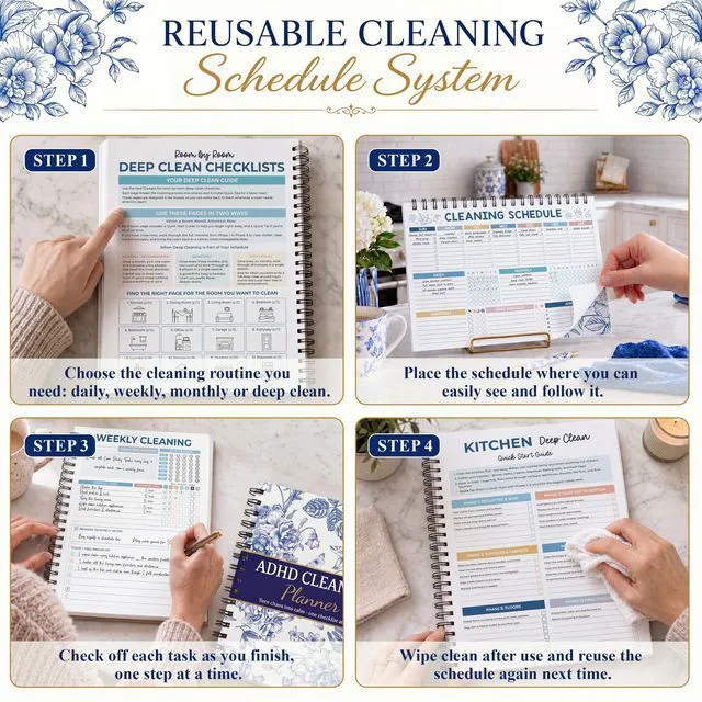 Alt view image 3 of 7 - ADHD Cleaning Planner, Blue Floral Daily Weekly Monthly Checklists Spiral Bound Schedule Organizer for Adults & Teens, Weekly & Monthly Household Tracker for ADHD Minds, Stress-Free Housework