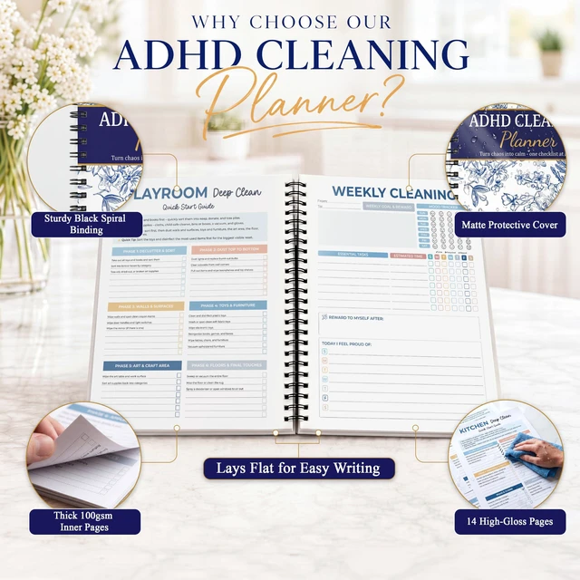 Alt view image 5 of 7 - ADHD Cleaning Planner, Blue Floral Daily Weekly Monthly Checklists Spiral Bound Schedule Organizer for Adults & Teens, Weekly & Monthly Household Tracker for ADHD Minds, Stress-Free Housework