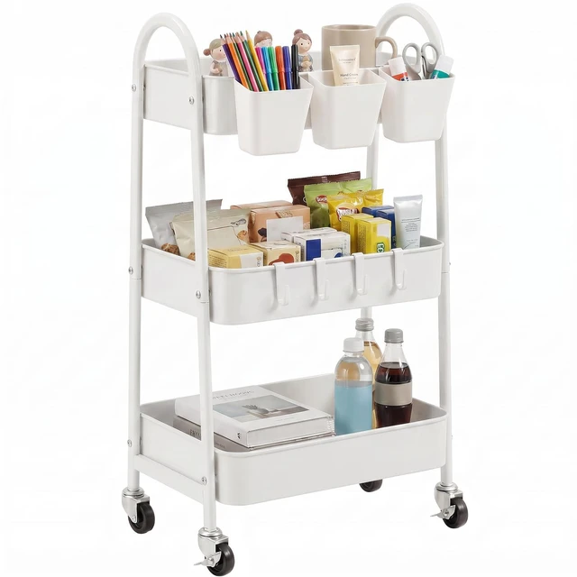 Main image of 3-Tier Rolling Cart, Utility Cart Mobile Metal Rolling Storage Cart with Lockable Wheels & Hanging Cups & Hooks for Kitchen, Bathroom, Office, Workshop, White