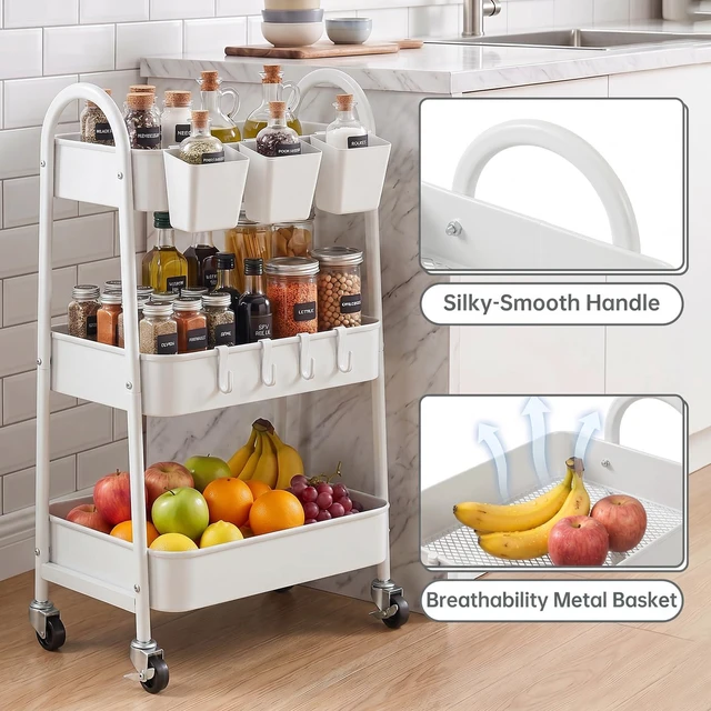 Alt view image 3 of 7 - 3-Tier Rolling Cart, Utility Cart Mobile Metal Rolling Storage Cart with Lockable Wheels & Hanging Cups & Hooks for Kitchen, Bathroom, Office, Workshop, White