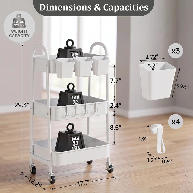 Alt view image 2 of 7 - 3-Tier Rolling Cart, Utility Cart Mobile Metal Rolling Storage Cart with Lockable Wheels & Hanging Cups & Hooks for Kitchen, Bathroom, Office, Workshop, White