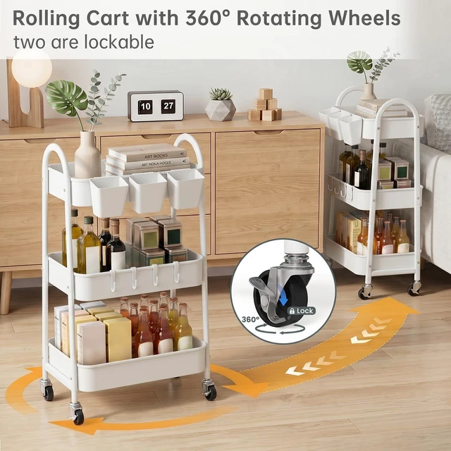 Alt view image 4 of 7 - 3-Tier Rolling Cart, Utility Cart Mobile Metal Rolling Storage Cart with Lockable Wheels & Hanging Cups & Hooks for Kitchen, Bathroom, Office, Workshop, White