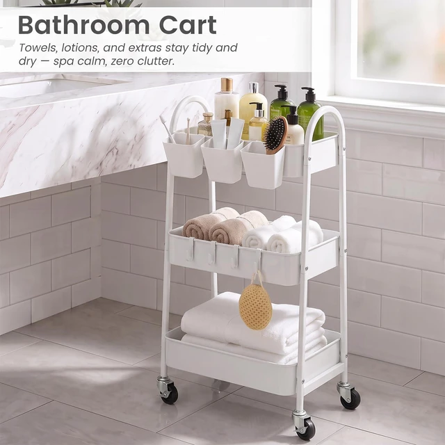Alt view image 6 of 7 - 3-Tier Rolling Cart, Utility Cart Mobile Metal Rolling Storage Cart with Lockable Wheels & Hanging Cups & Hooks for Kitchen, Bathroom, Office, Workshop, White
