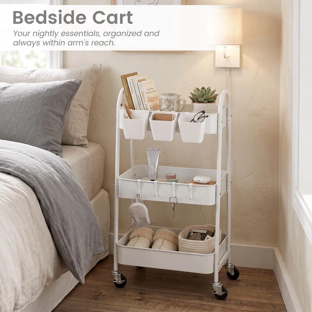 Alt view image 7 of 7 - 3-Tier Rolling Cart, Utility Cart Mobile Metal Rolling Storage Cart with Lockable Wheels & Hanging Cups & Hooks for Kitchen, Bathroom, Office, Workshop, White