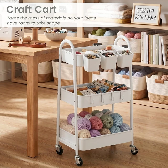Alt view image 5 of 7 - 3-Tier Rolling Cart, Utility Cart Mobile Metal Rolling Storage Cart with Lockable Wheels & Hanging Cups & Hooks for Kitchen, Bathroom, Office, Workshop, White