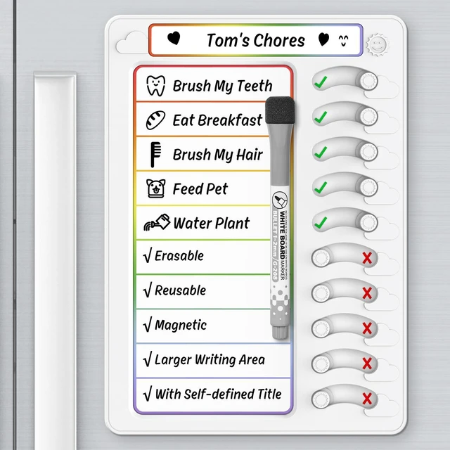 Main image of Chore Chart for Kids Dry Erase Chore Board ADHD Tools for Kids to Do List Checklist Task Board Routine Chart Planning Board for Fridge with 10 Sliders and Magnetic Marker, White and Rainbow, 1 Pack