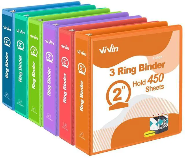 Main image of 2 Inch Round Ring View Binder for Durability, 6 Pack (Assorted) Standard 3 Ring Binder for 450 Sheets of US Letter Size Paper, PVC-Free, Clear Front Pocket, Office Home School Use