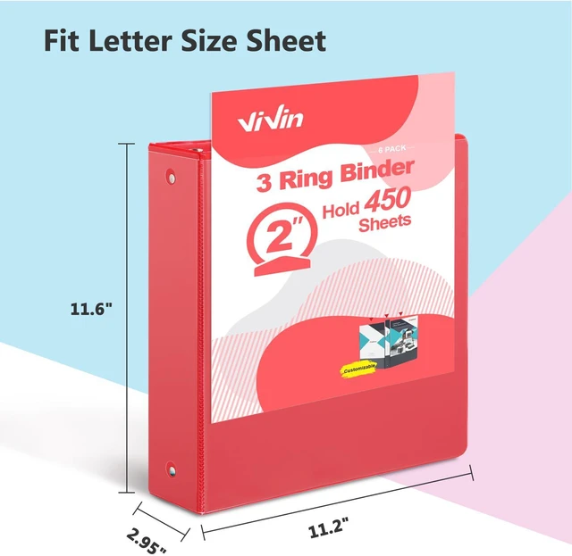 Alt view image 2 of 7 - 2 Inch Round Ring View Binder for Durability, 6 Pack (Assorted) Standard 3 Ring Binder for 450 Sheets of US Letter Size Paper, PVC-Free, Clear Front Pocket, Office Home School Use