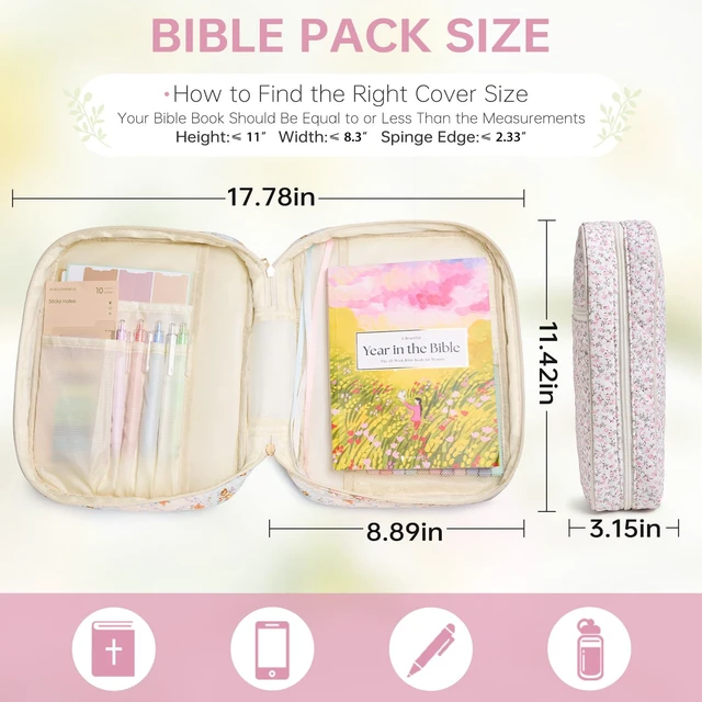 Alt view image 3 of 6 - Bible Bag Cover Case for Women Study Supplies Kit Church Book Holder Bible Study Supplies w/ Tabs Pens Portable Church Book Quilted Large Carrying Case Christian Gifts for Women Girls