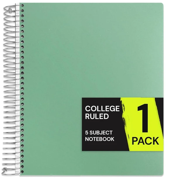Main image of 5 Subject Spiral Notebook College Ruled, 400 Pages, Green 200 Sheets, 9 x 11 in, 6 Pack Waterproof Plastic Cover, Durable, School Notebooks, Classroom, Teachers: Amazon.com