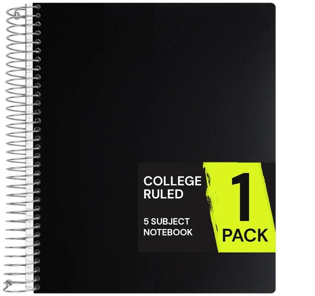 Main image of 5 Subject Spiral Notebook College Ruled, 400 Pages, Black 200 Sheets, 9 x 11 in, 6 Pack Waterproof Plastic Cover, Durable, School Notebooks, Classroom, Teachers: Amazon.com