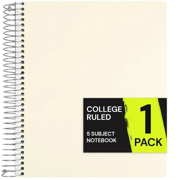 Main image of 5 Subject Spiral Notebook College Ruled, 400 Pages 200 Sheets, 9 x 11 in, Waterproof Plastic Cover, Durable, 3-Hole Punched, Dividers, Pockets: Amazon.com