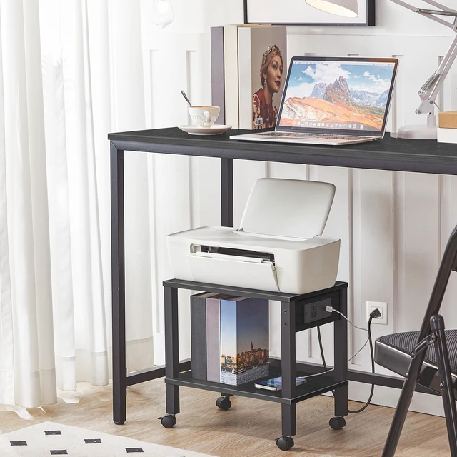 Alt view image 2 of 7 - 2-Tier Printer Stand with Charging Station, Under Desk Printer Table, Printer Cart with Storage Shelves, Shelf for Small Spaces, for Home Office, Black BK38UPS01