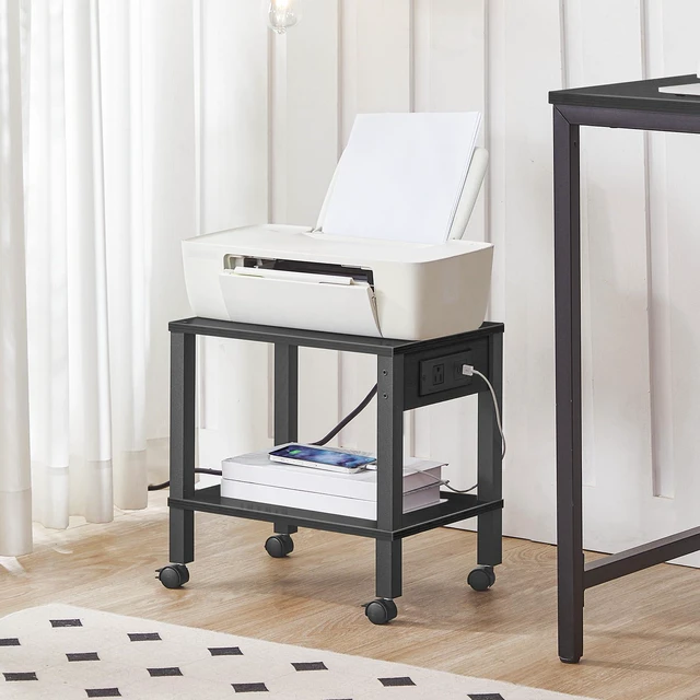 Alt view image 3 of 7 - 2-Tier Printer Stand with Charging Station, Under Desk Printer Table, Printer Cart with Storage Shelves, Shelf for Small Spaces, for Home Office, Black BK38UPS01