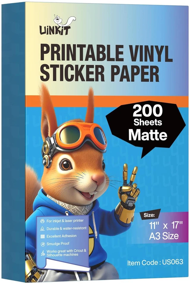 Main image of Matte Printable Vinyl Sticker Paper 200 Sheets 11" x 17" Waterproof Tear-Resistant Decals for Crafts, Labels & Small Projects with Inkjet & Laser Printers