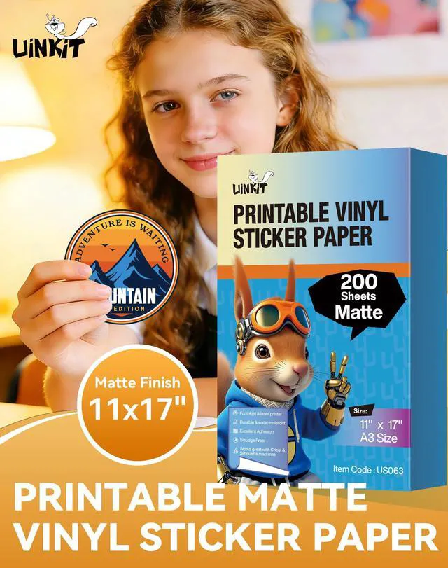 Alt view image 2 of 7 - Matte Printable Vinyl Sticker Paper 200 Sheets 11" x 17" Waterproof Tear-Resistant Decals for Crafts, Labels & Small Projects with Inkjet & Laser Printers