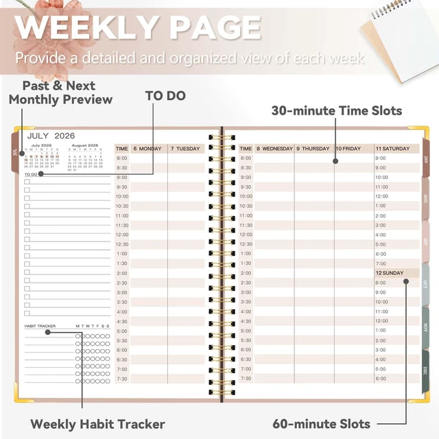 Alt view image 5 of 7 - Hourly Planner 2026-2027 with Time Slots, 8.5"x 11" A4 Large Academic Planner, Weekly & Monthly Appointment Book, Jul 2026 - Jun 2027, Agenda Organizer for Home School, Pink