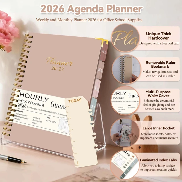 Alt view image 7 of 7 - Hourly Planner 2026-2027 with Time Slots, 8.5"x 11" A4 Large Academic Planner, Weekly & Monthly Appointment Book, Jul 2026 - Jun 2027, Agenda Organizer for Home School, Pink