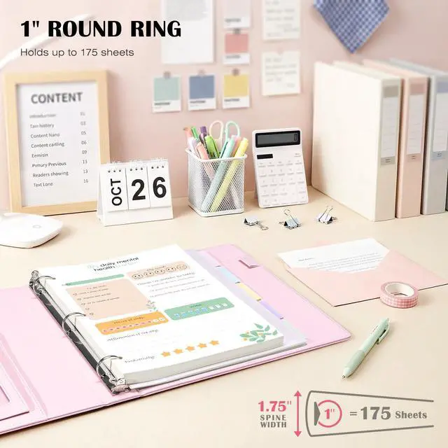 Alt view image 2 of 7 - Leather 3 Ring Binder for Letter Size Documents with PVC Pocketed Dividers, 1 Inch Round Rings, Holds 175 Sheets, Binders with Storage Bag & Notepad, for Office School Home Organization, pink