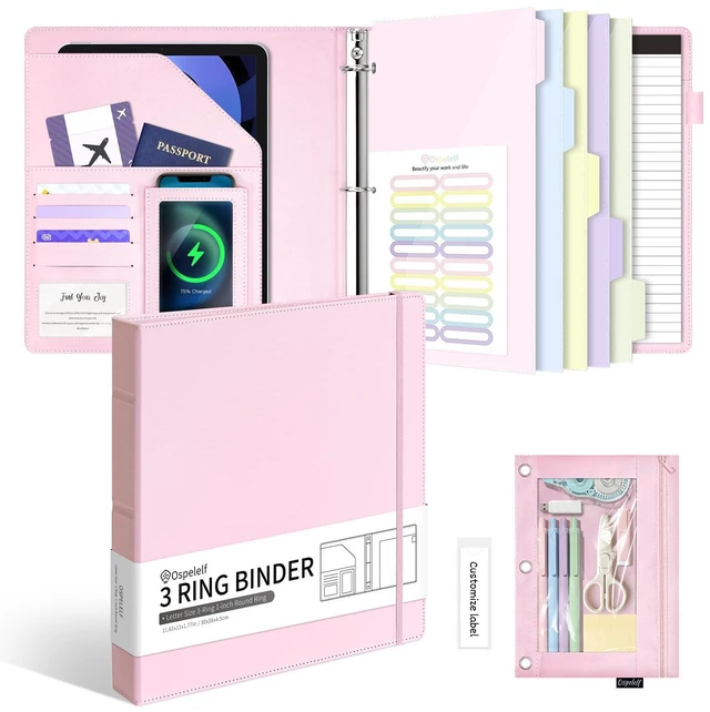 Main image of Leather 3 Ring Binder for Letter Size Documents with PVC Pocketed Dividers, 1 Inch Round Rings, Holds 175 Sheets, Binders with Storage Bag & Notepad, for Office School Home Organization, pink
