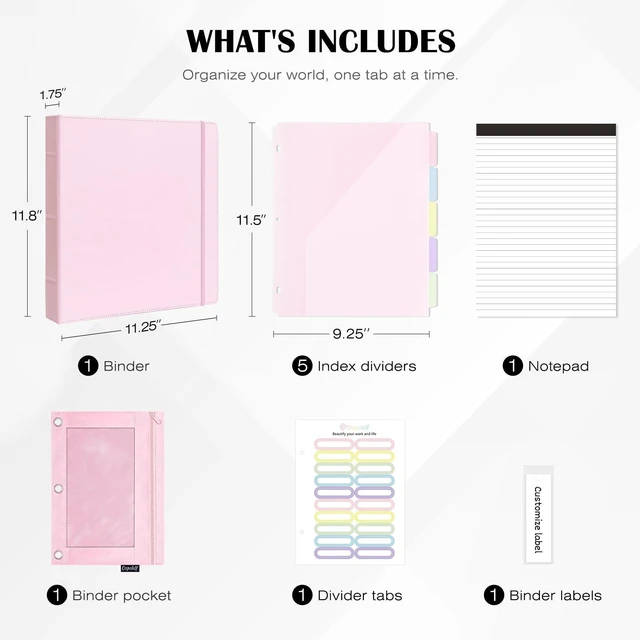 Alt view image 3 of 7 - Leather 3 Ring Binder for Letter Size Documents with PVC Pocketed Dividers, 1 Inch Round Rings, Holds 175 Sheets, Binders with Storage Bag & Notepad, for Office School Home Organization, pink