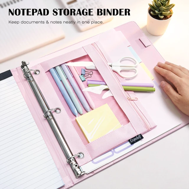 Alt view image 4 of 7 - Leather 3 Ring Binder for Letter Size Documents with PVC Pocketed Dividers, 1 Inch Round Rings, Holds 175 Sheets, Binders with Storage Bag & Notepad, for Office School Home Organization, pink