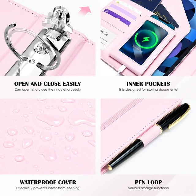 Alt view image 5 of 7 - Leather 3 Ring Binder for Letter Size Documents with PVC Pocketed Dividers, 1 Inch Round Rings, Holds 175 Sheets, Binders with Storage Bag & Notepad, for Office School Home Organization, pink