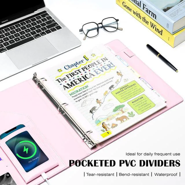 Alt view image 6 of 7 - Leather 3 Ring Binder for Letter Size Documents with PVC Pocketed Dividers, 1 Inch Round Rings, Holds 175 Sheets, Binders with Storage Bag & Notepad, for Office School Home Organization, pink