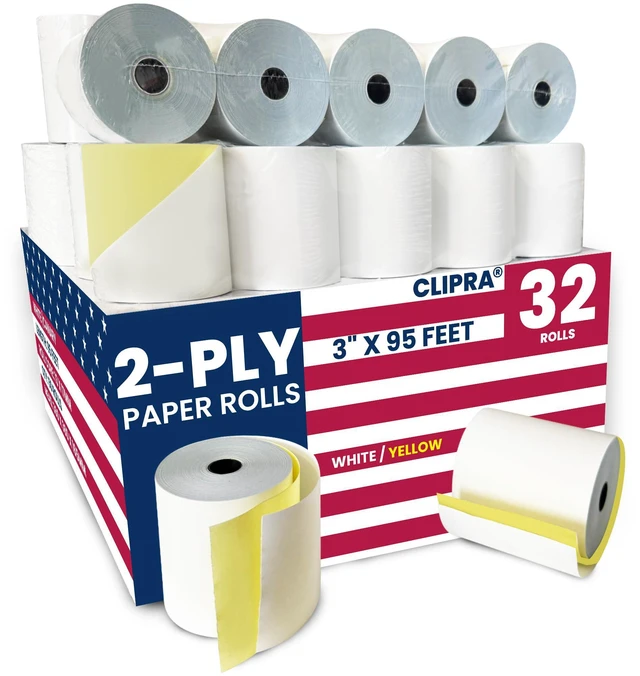Main image of (32 Rolls) 2 Ply Kitchen Printer Paper White/Yellow Carbonless 3" x 95 Feet Receipt RollsCompatible with Star SP700 Printer Paper, SP2000 UP389 480 220 250Ribbons RequiredNon Thermal