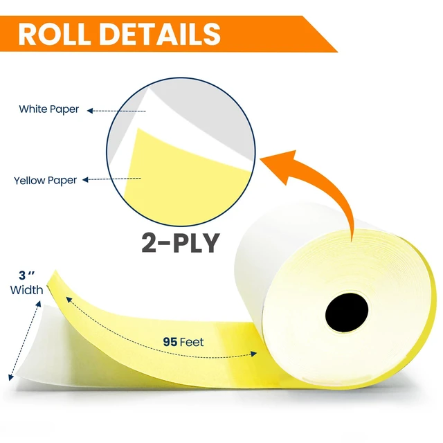 Alt view image 2 of 7 - (32 Rolls) 2 Ply Kitchen Printer Paper White/Yellow Carbonless 3" x 95 Feet Receipt RollsCompatible with Star SP700 Printer Paper, SP2000 UP389 480 220 250Ribbons RequiredNon Thermal
