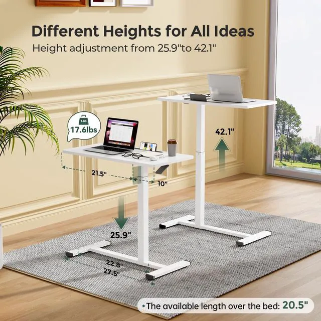 Alt view image 2 of 7 - 32 Rolling Mobile Standing Desk, Bedside Table with Wheels Portable Laptop Desk with Slot, Hidden Wheels, Small Overbed Pneumatic Height Adjustable Cart for Bed, Couch, Hospital, White