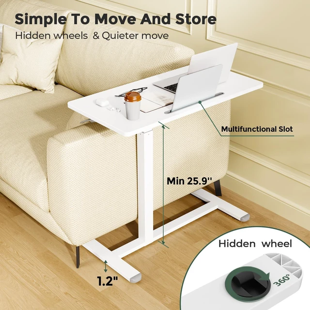 Alt view image 4 of 7 - 32 Rolling Mobile Standing Desk, Bedside Table with Wheels Portable Laptop Desk with Slot, Hidden Wheels, Small Overbed Pneumatic Height Adjustable Cart for Bed, Couch, Hospital, White
