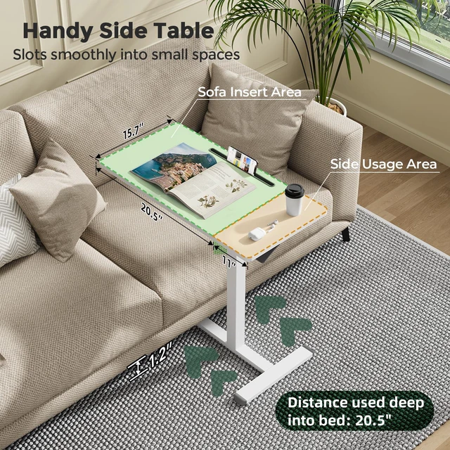 Alt view image 3 of 7 - 32 Rolling Mobile Standing Desk, Bedside Table with Wheels Portable Laptop Desk with Slot, Hidden Wheels, Small Overbed Pneumatic Height Adjustable Cart for Bed, Couch, Hospital, White