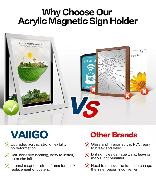 Alt view image 4 of 7 - 10Pack Acrylic Sign Holder 8.5" x 11" Wall Mount, Self Adhesive Magnetic Display Frame with Tape, Plastic Clear Acrylic Frame for Wall, Office, Store, Home