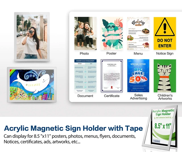 Alt view image 2 of 7 - 10Pack Acrylic Sign Holder 8.5" x 11" Wall Mount, Self Adhesive Magnetic Display Frame with Tape, Plastic Clear Acrylic Frame for Wall, Office, Store, Home